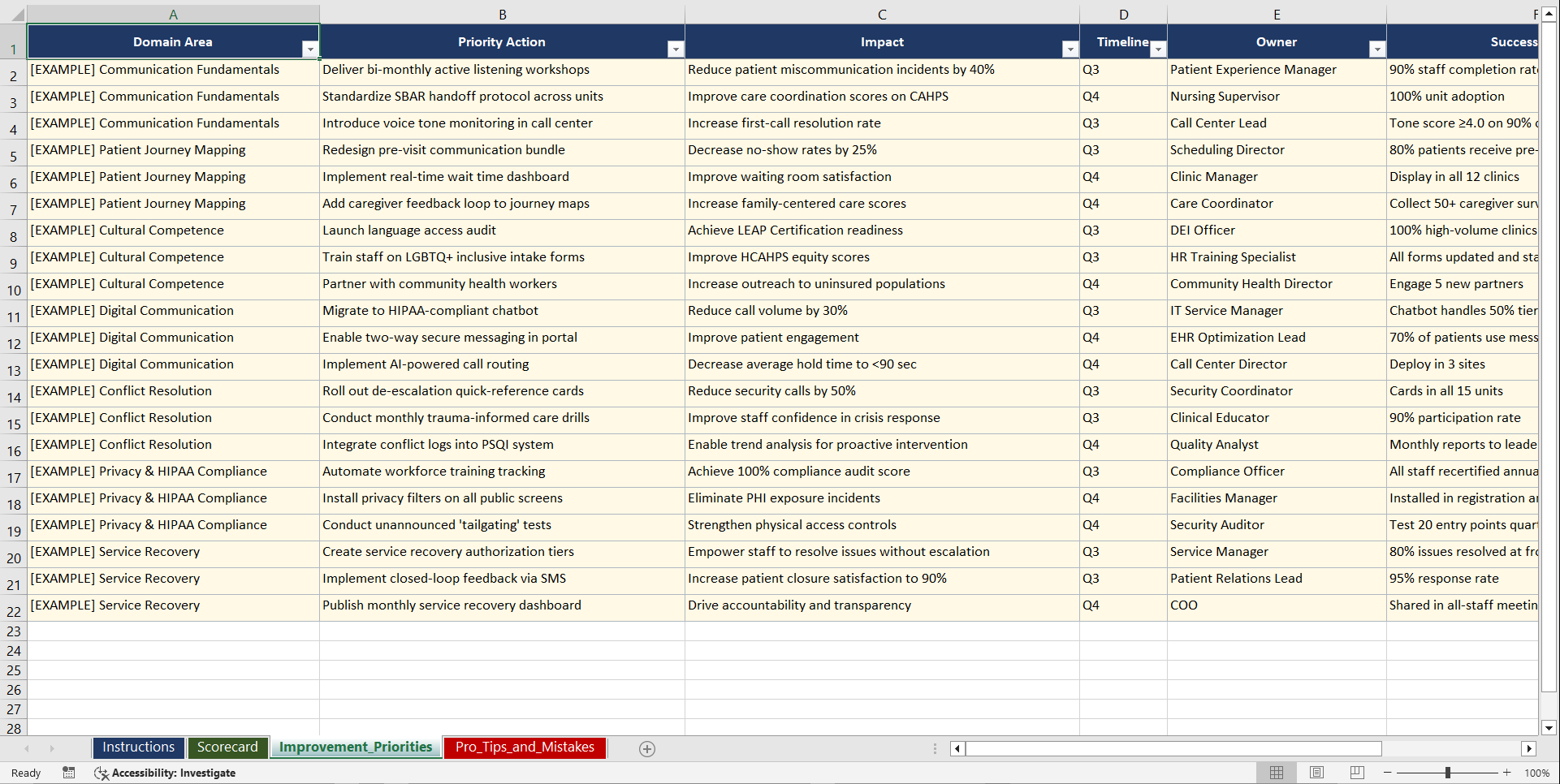 Healthcare Customer Service Excellence Playbook (Excel template (XLSX)) Preview Image