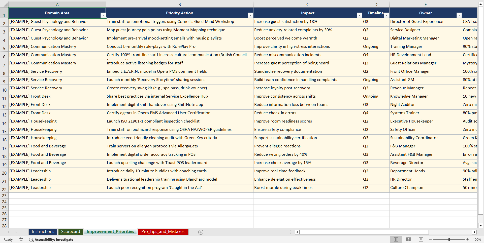 Hospitality Service Excellence Playbook (Excel template (XLSX)) Preview Image