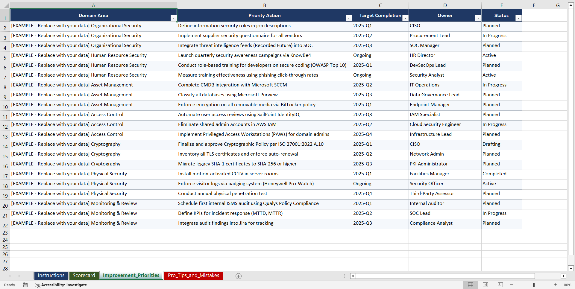 ISO 27001 Information Security Management Playbook (Excel template (XLSX)) Preview Image