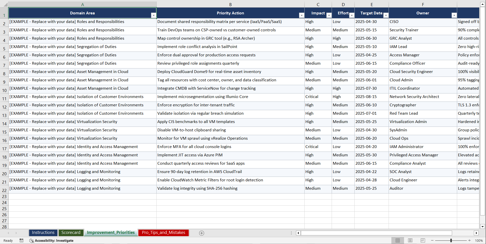 ISO 27017 Cloud Security Controls Playbook (Excel template (XLSX)) Preview Image