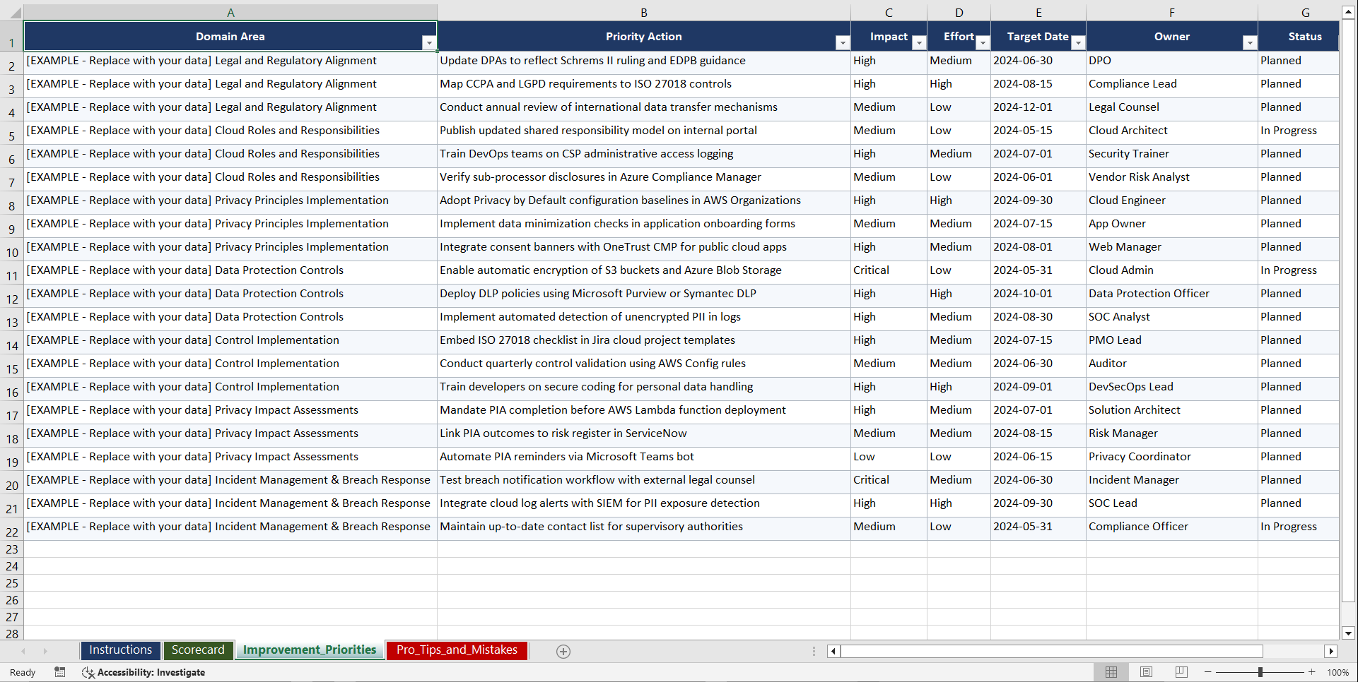 ISO 27018 Cloud Privacy Protection Playbook (Excel template (XLSX)) Preview Image