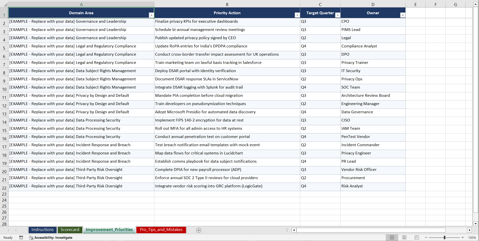 ISO 27701 Privacy Information Management Playbook (Excel template (XLSX)) Preview Image