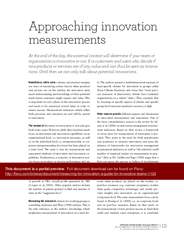 Measuring for Innovation - A Guide for Innovative Teams (30-page PDF document) Preview Image