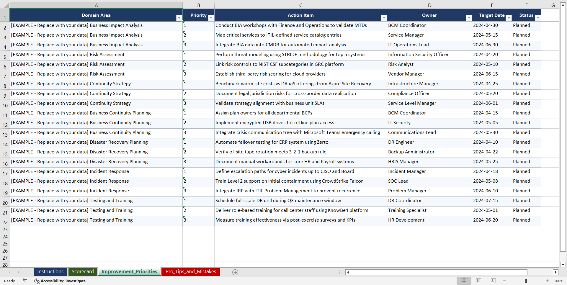 IT Service Continuity Management Playbook (Excel template (XLSX)) Preview Image