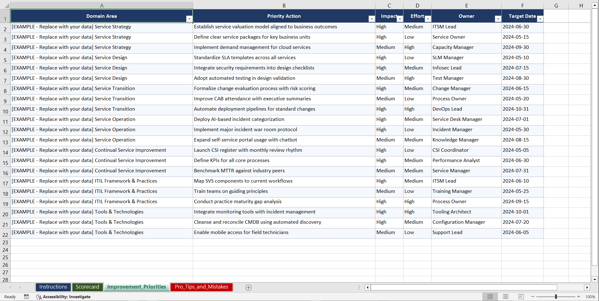 IT Service Management Fundamentals Playbook (Excel template (XLSX)) Preview Image