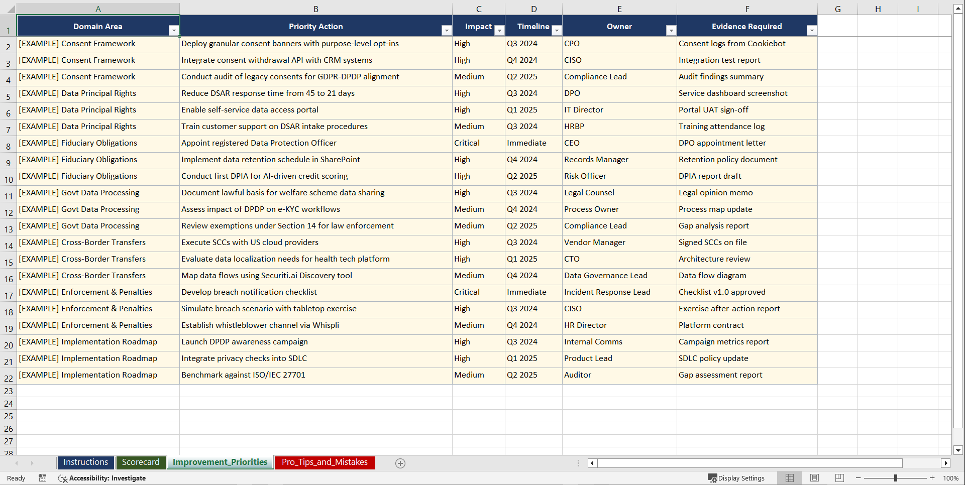 India DPDP Act Data Protection Playbook (Excel template (XLSX)) Preview Image