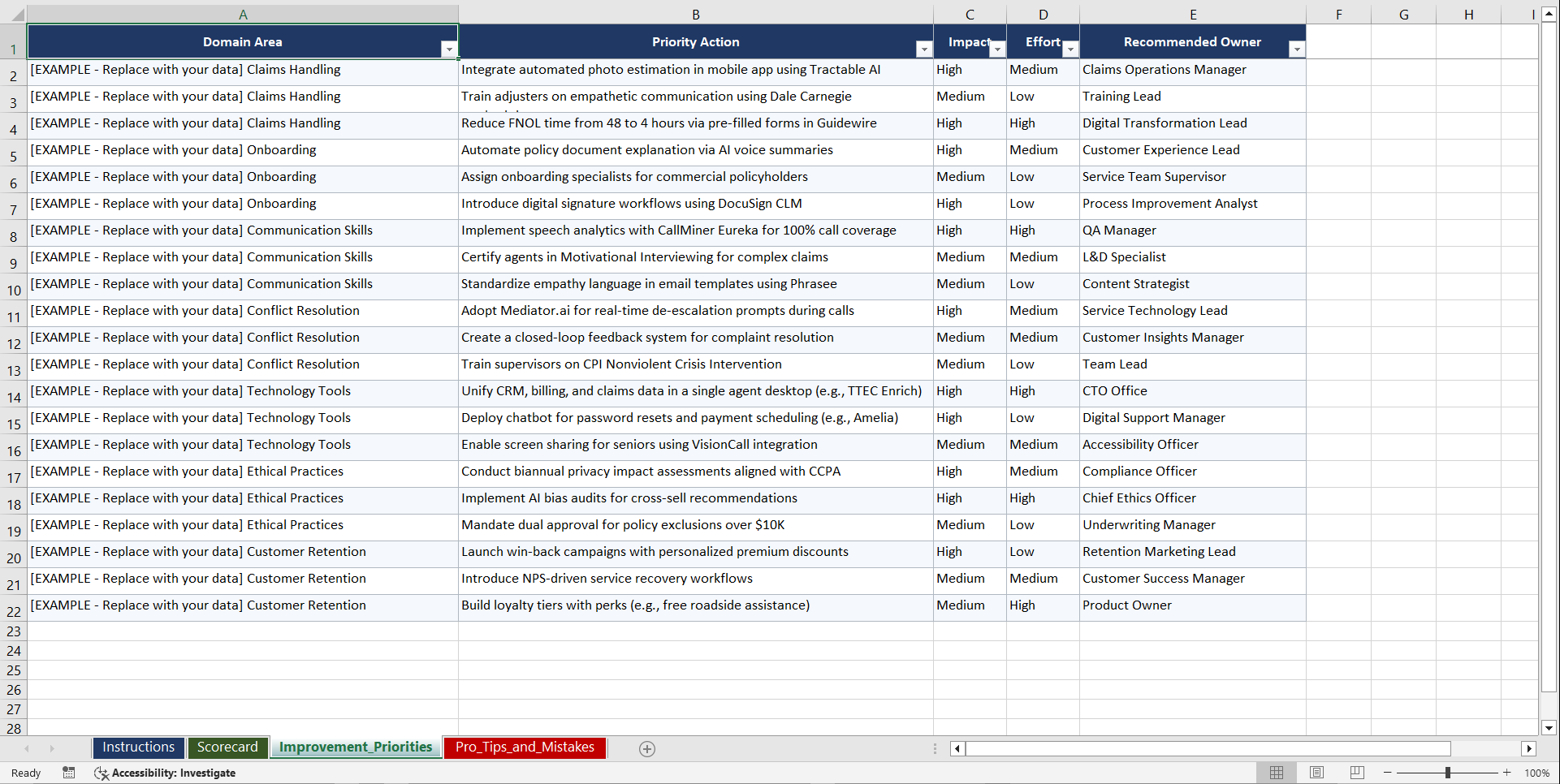 Insurance Customer Service Excellence Playbook (Excel template (XLSX)) Preview Image