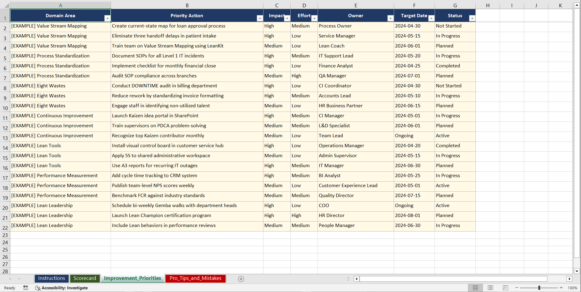 Lean Service Management Playbook (Excel template (XLSX)) Preview Image
