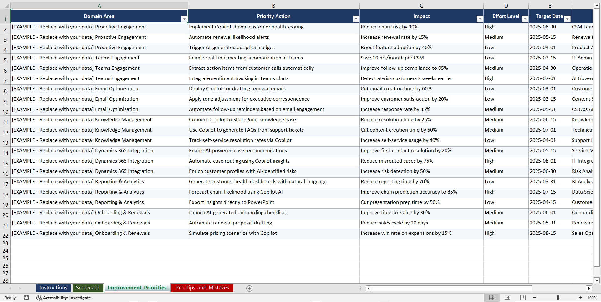Microsoft Copilot for Customer Success Playbook (Excel template (XLSX)) Preview Image