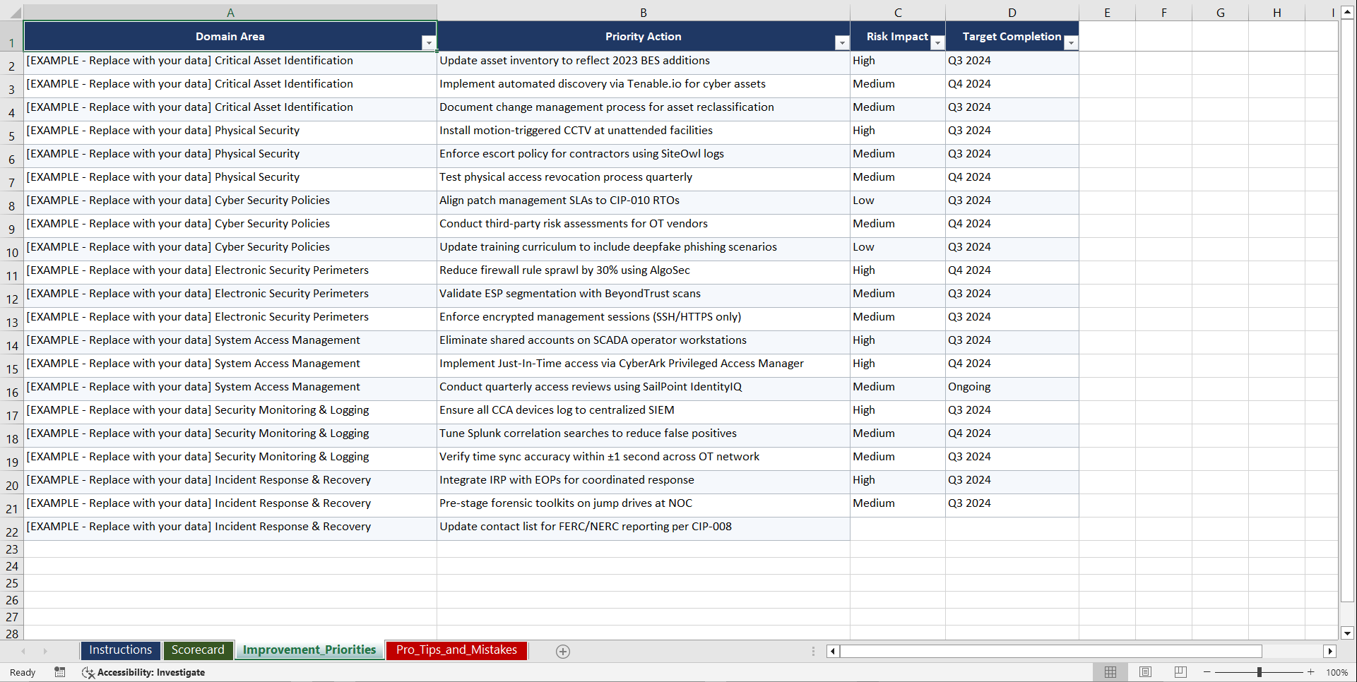 NERC CIP Critical Infrastructure Protection Playbook (Excel template (XLSX)) Preview Image