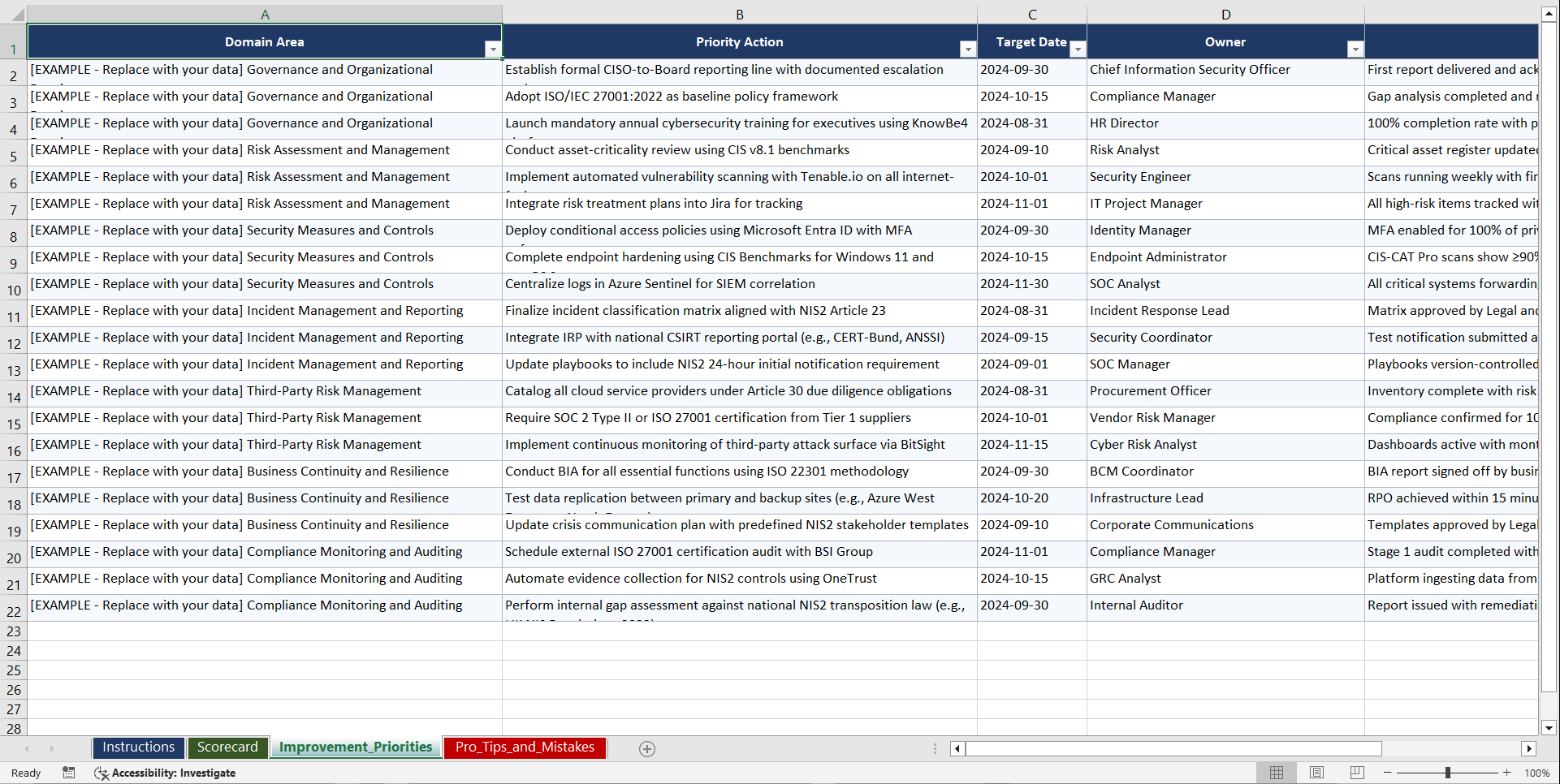 NIS2 Directive Cybersecurity Compliance Playbook (Excel template (XLSX)) Preview Image