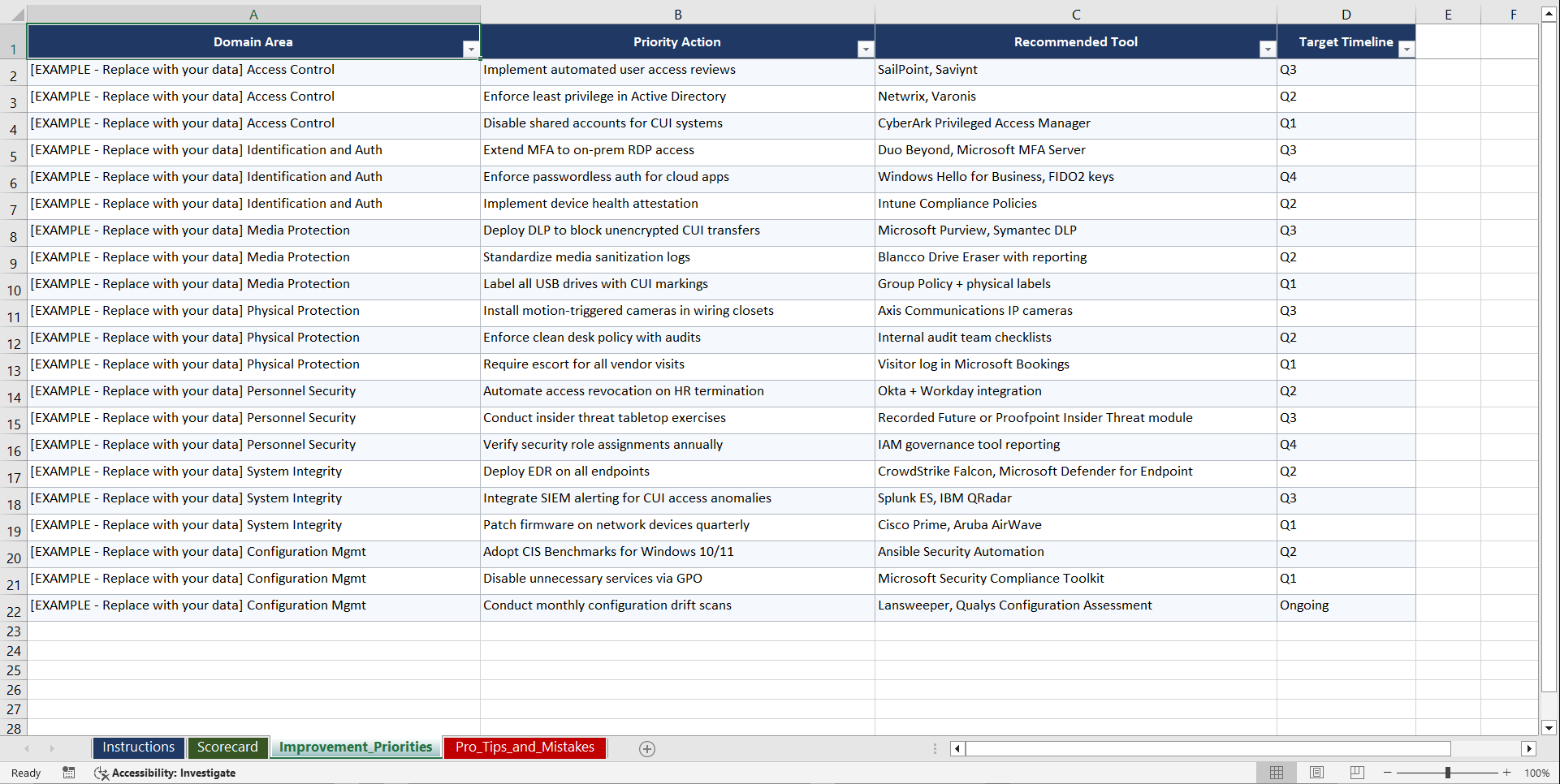 NIST SP 800 171 CUI Protection Playbook (Excel template (XLSX)) Preview Image