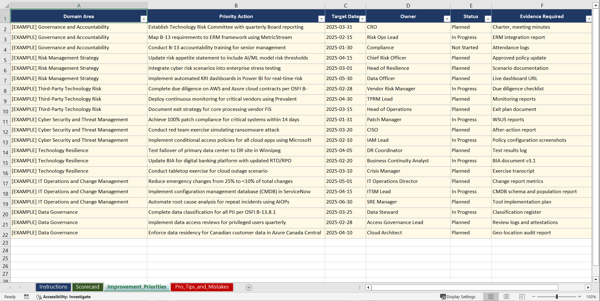 OSFI B 13 Canadian Financial Technology Risk Playbook (Excel template (XLSX)) Preview Image