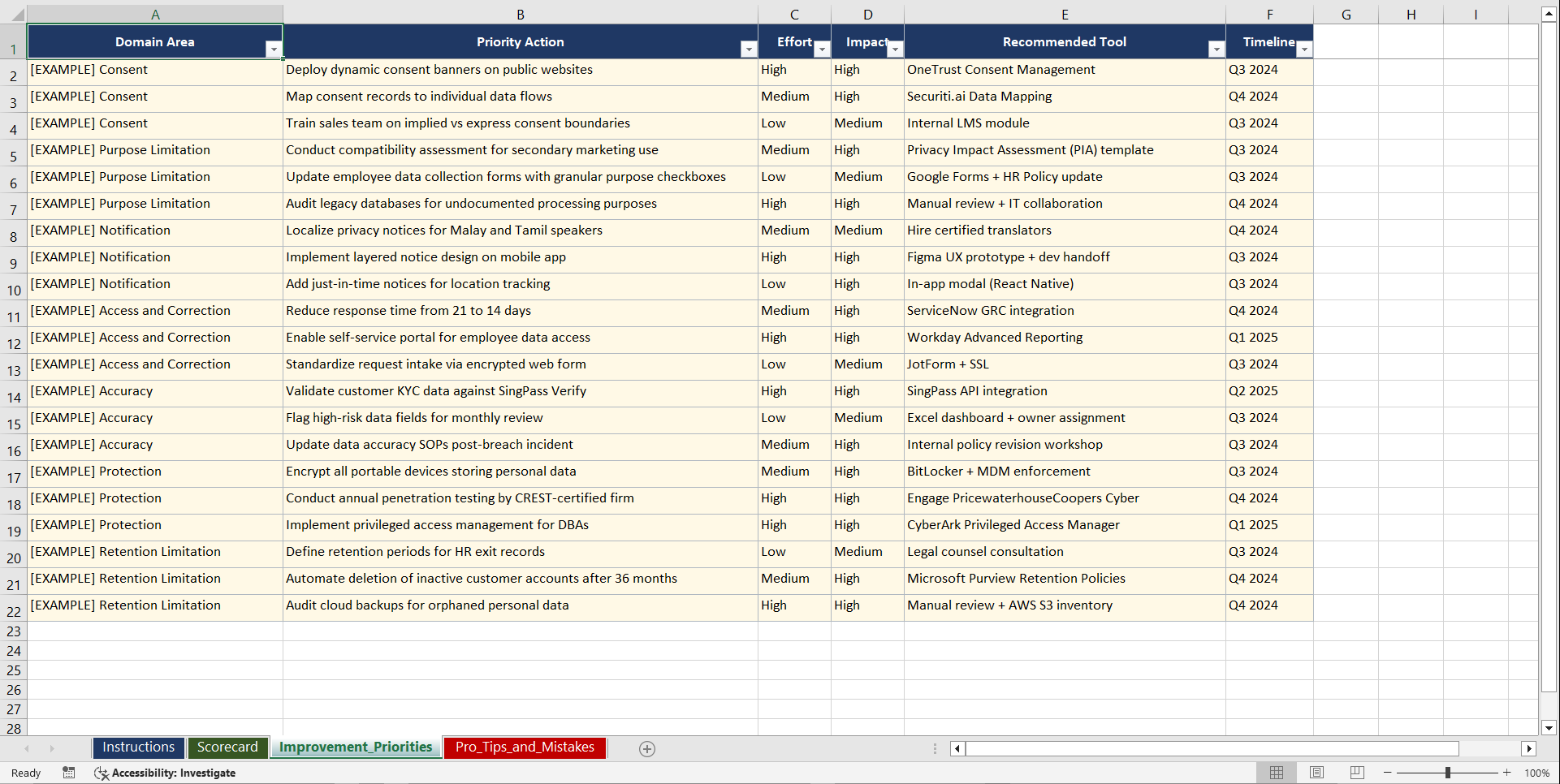 PDPA Singapore Personal Data Protection Playbook (Excel template (XLSX)) Preview Image