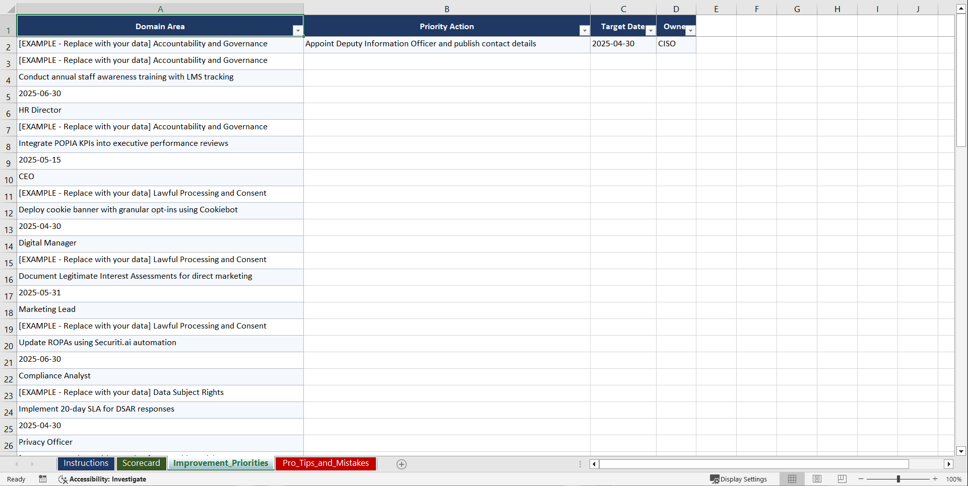 POPIA South Africa Data Protection Playbook (Excel template (XLSX)) Preview Image