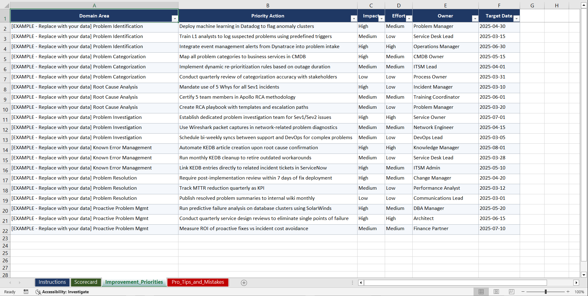 Problem Management for Service Teams Playbook (Excel template (XLSX)) Preview Image