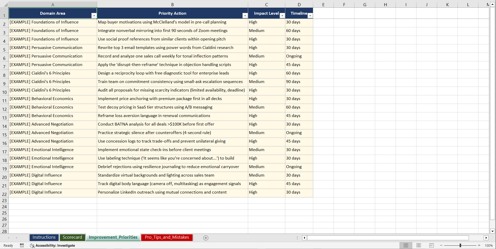 Selling Strategies in The Psychology of Influence  Playbook (Excel template (XLSX)) Preview Image