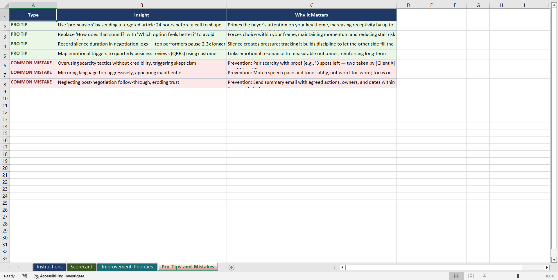 Selling Strategies in The Psychology of Influence  Playbook (Excel template (XLSX)) Preview Image