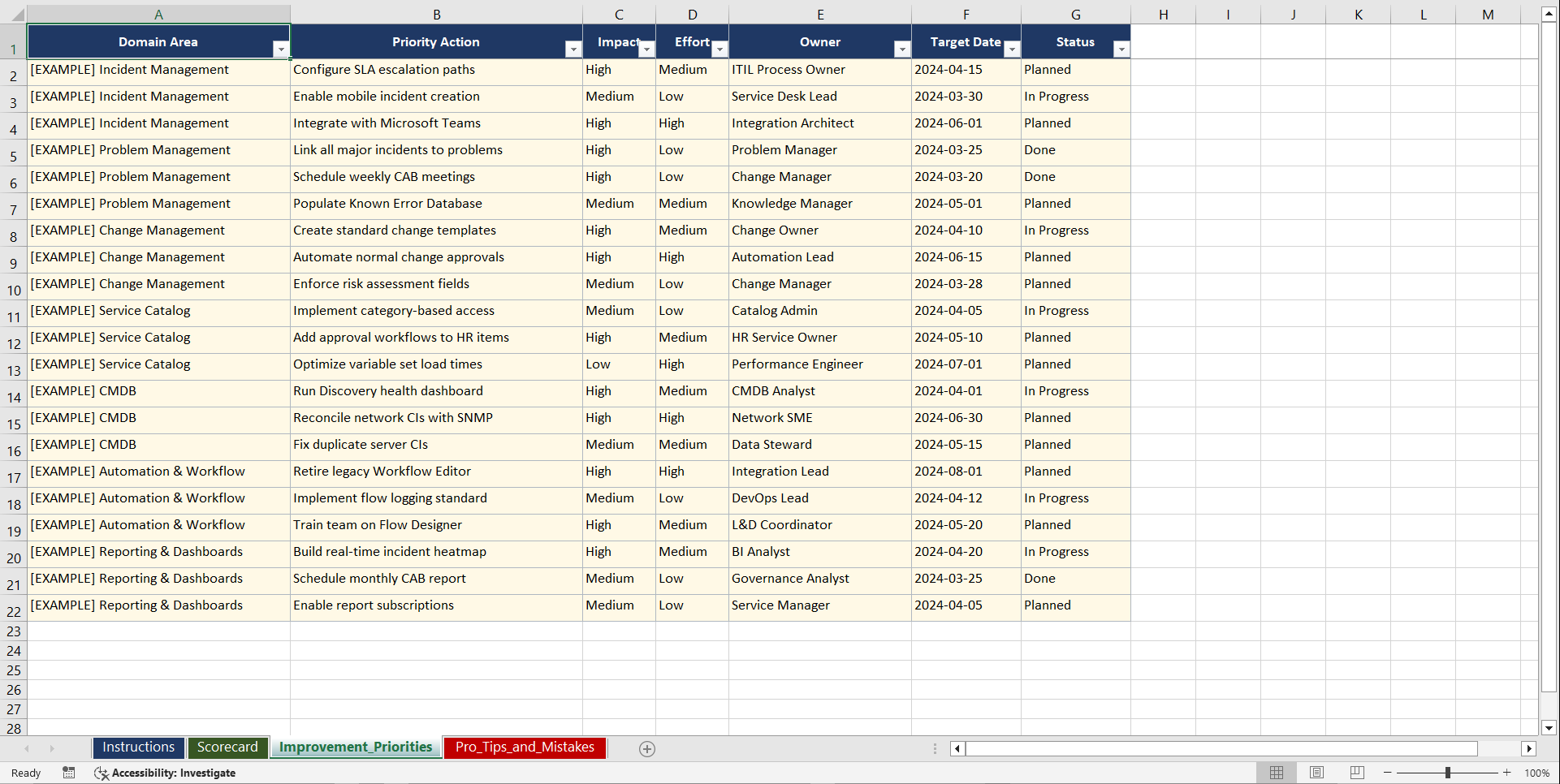 ServiceNow Fundamentals Playbook (Excel template (XLSX)) Preview Image