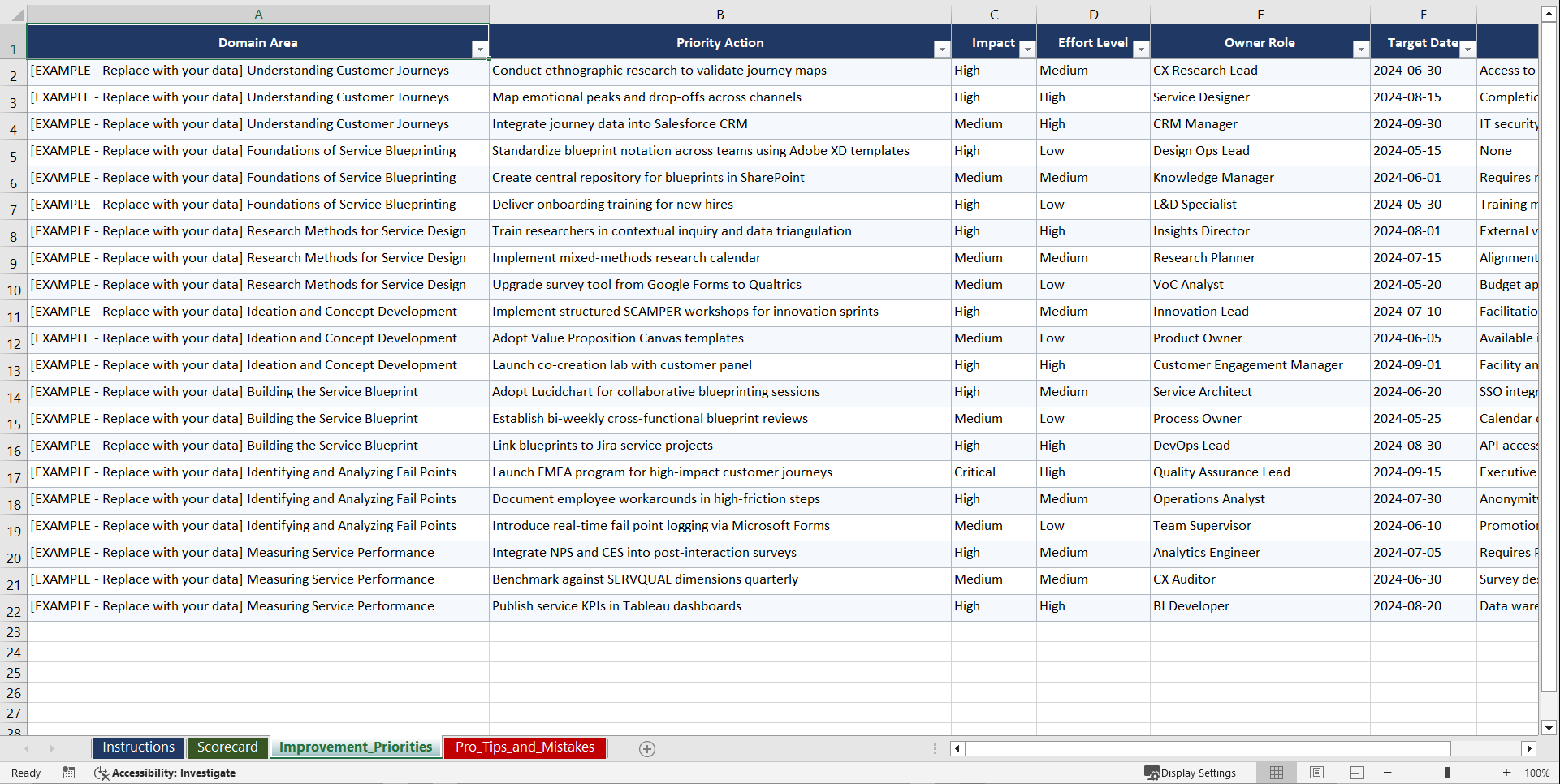 Service Blueprinting and Design Playbook (Excel template (XLSX)) Preview Image