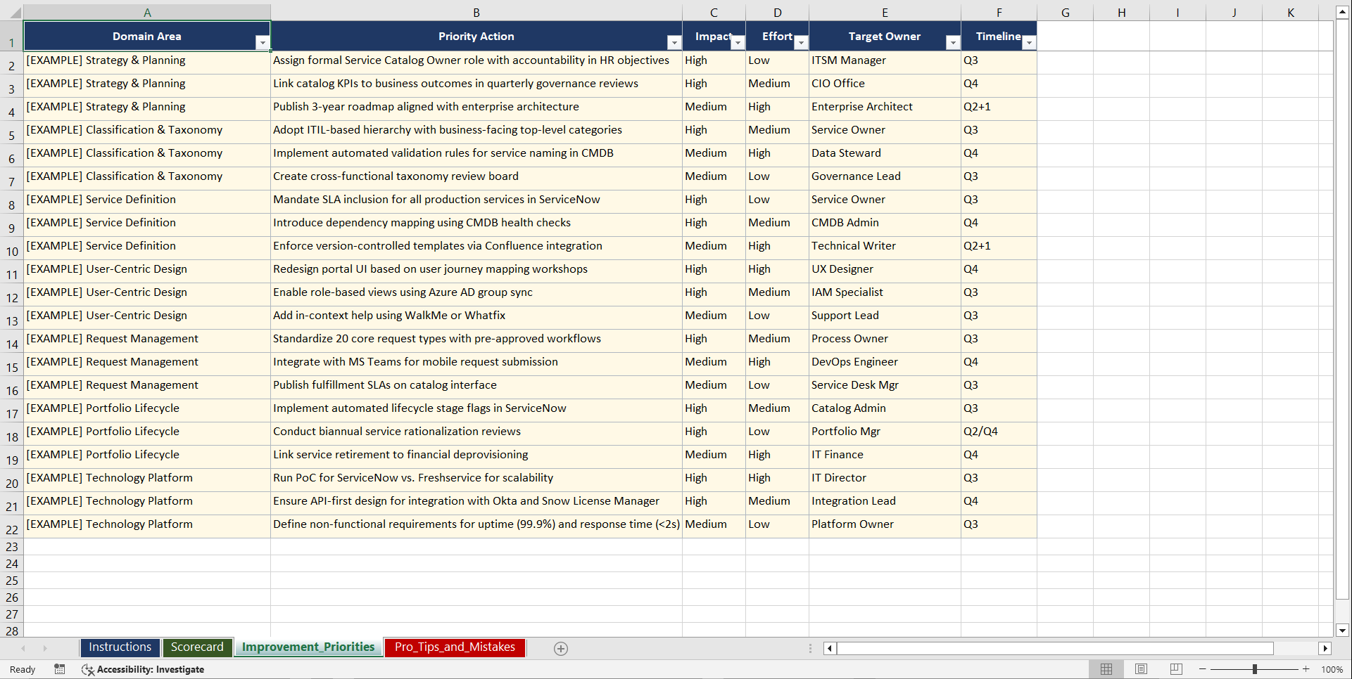Service Catalog Design Playbook (Excel template (XLSX)) Preview Image