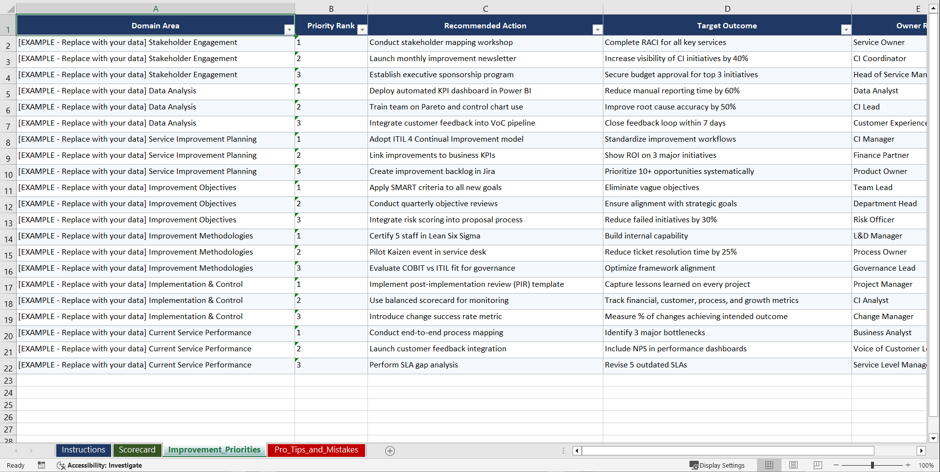 Service Improvement Planning Playbook (Excel template (XLSX)) Preview Image