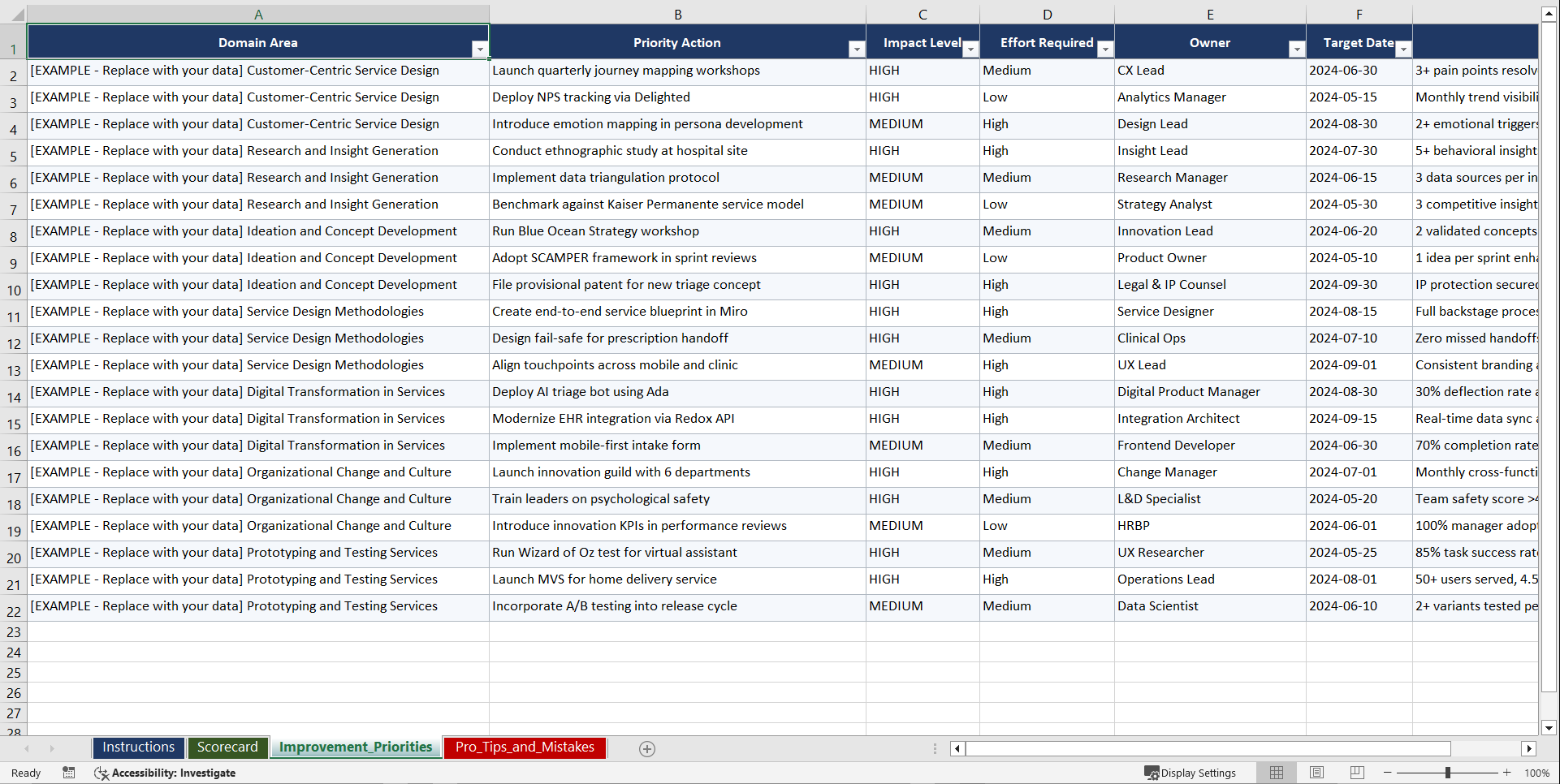 Service Innovation That Delivers Real Impact Playbook (Excel template (XLSX)) Preview Image