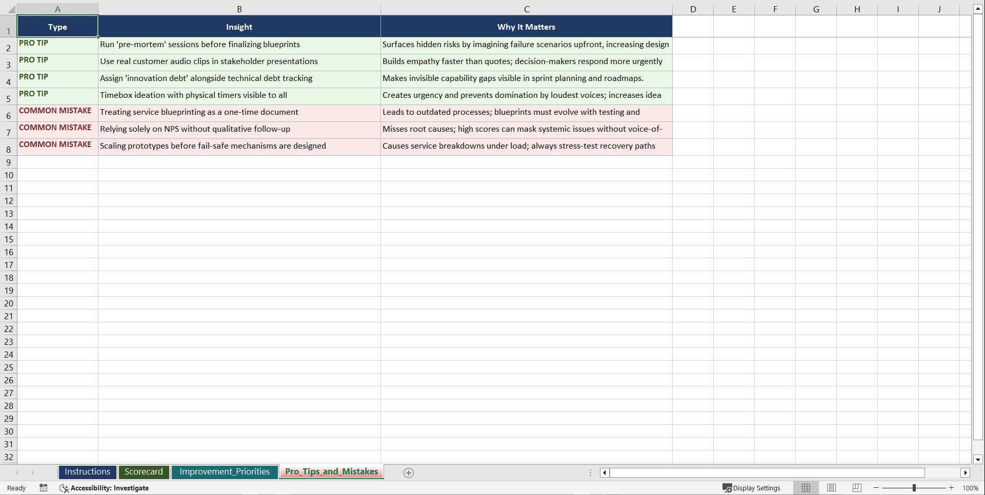 Service Innovation That Delivers Real Impact Playbook (Excel template (XLSX)) Preview Image