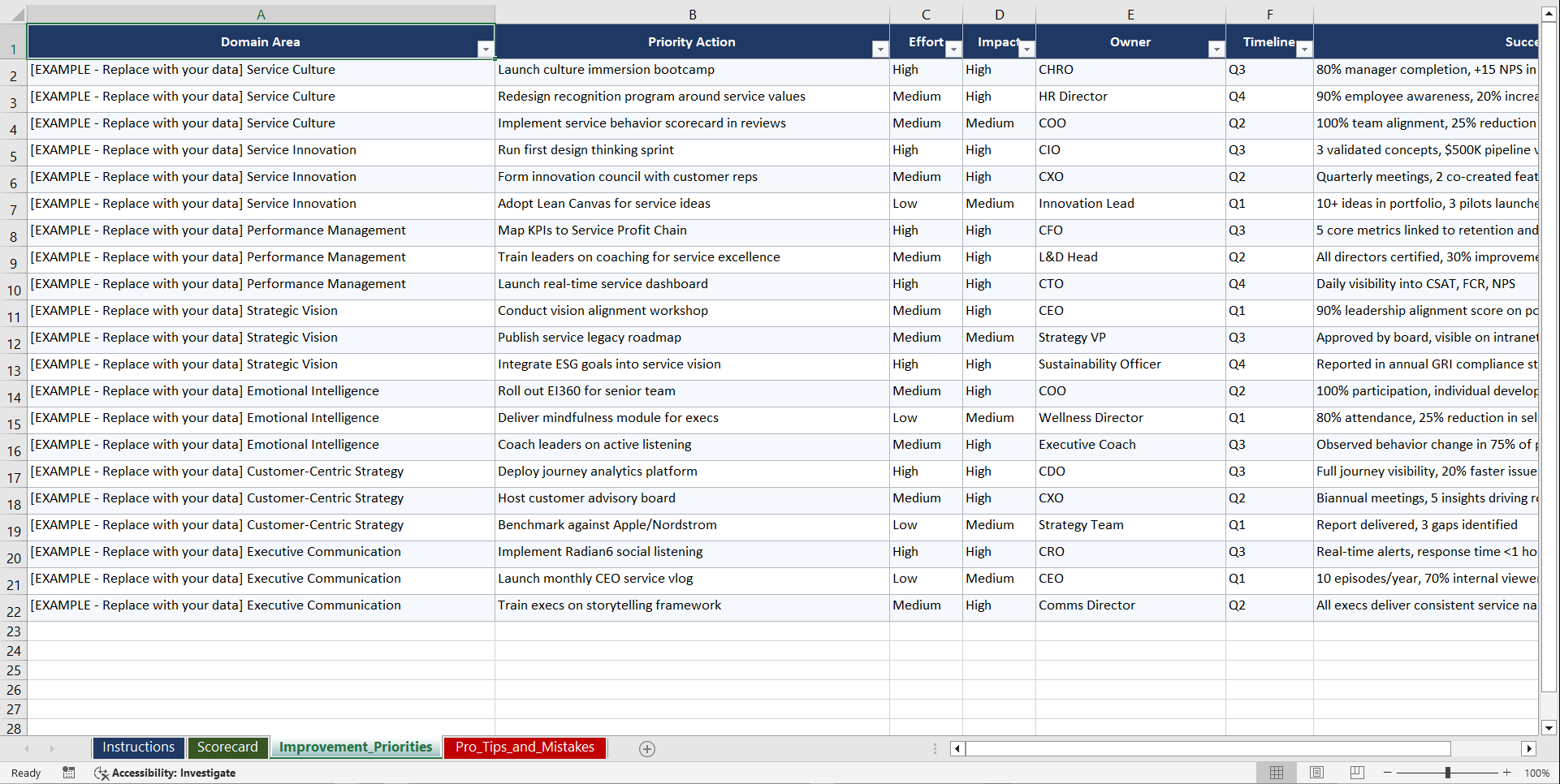Service Leadership for Executives Playbook (Excel template (XLSX)) Preview Image