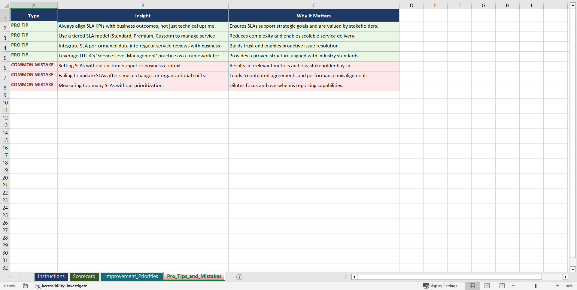 Service Level Agreement Management Playbook (Excel template (XLSX)) Preview Image