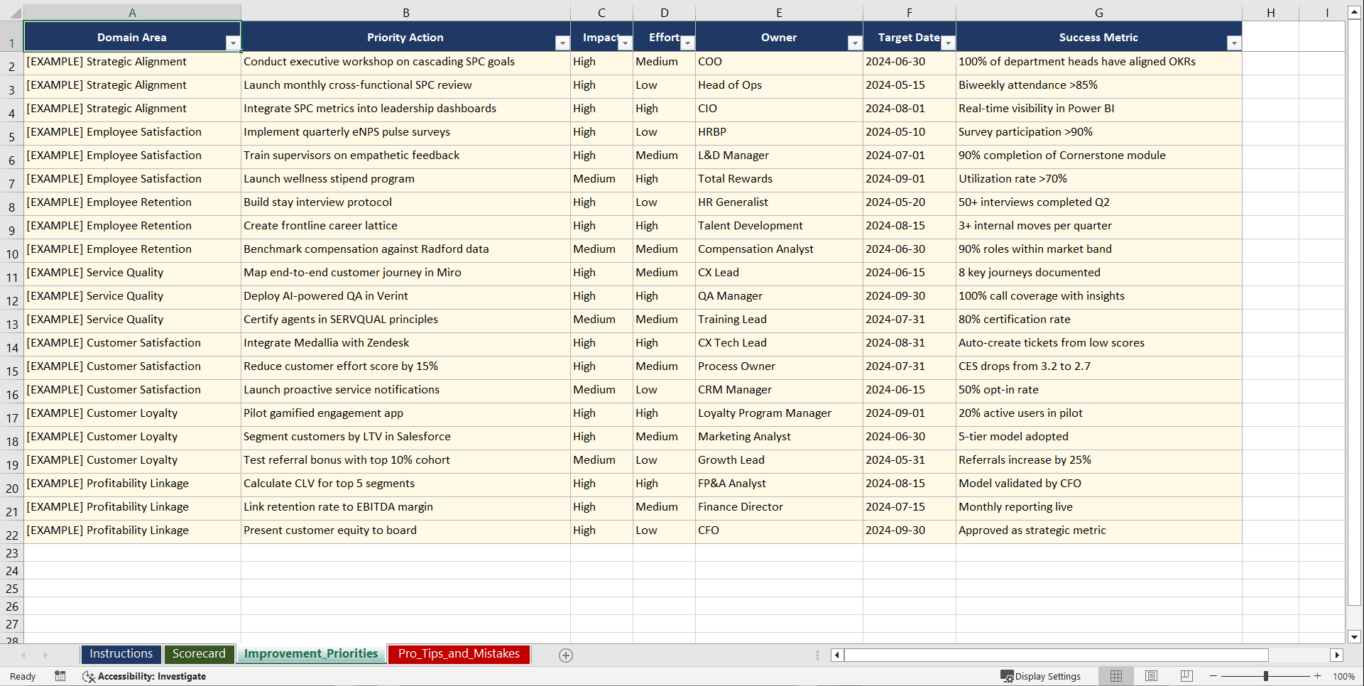 Service Profit Chain Playbook (Excel template (XLSX)) Preview Image
