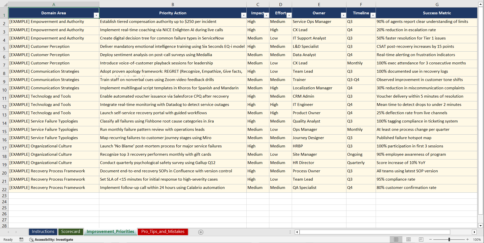 Service Recovery Strategies Playbook (Excel template (XLSX)) Preview Image