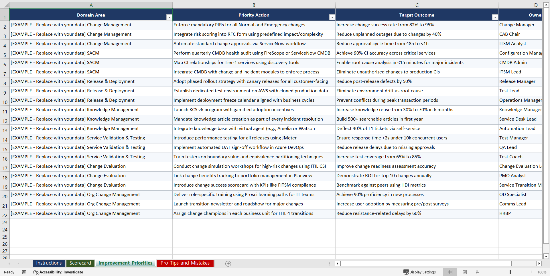 Service Transition Best Practices Playbook (Excel template (XLSX)) Preview Image