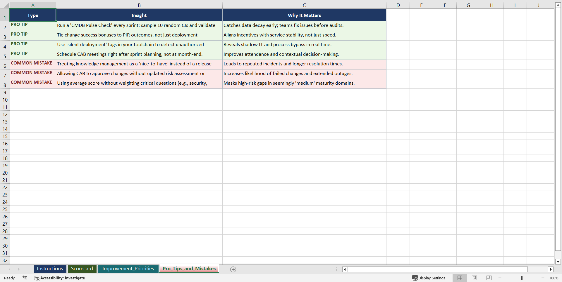 Service Transition Best Practices Playbook (Excel template (XLSX)) Preview Image