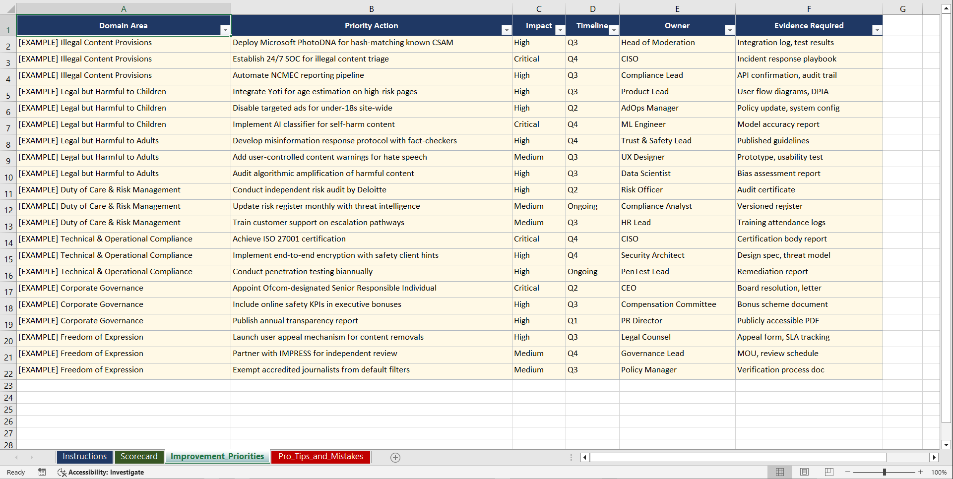 UK Online Safety Act Compliance Playbook (Excel template (XLSX)) Preview Image