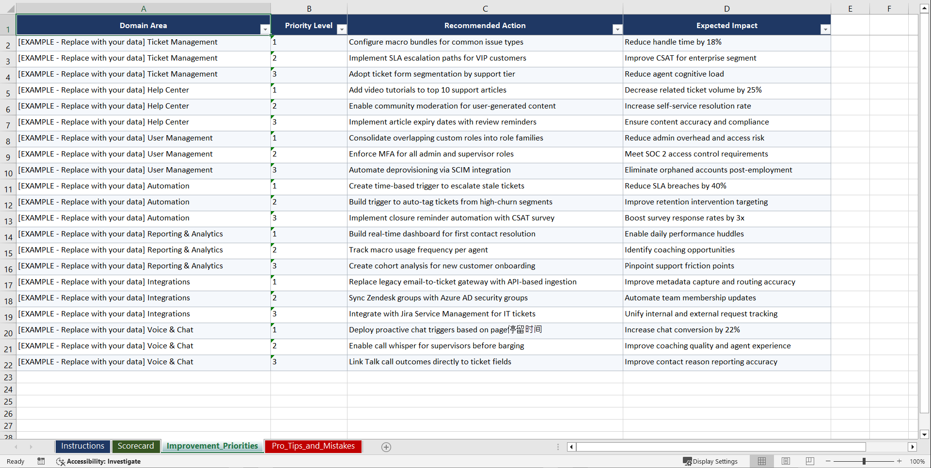 Zendesk for Customer Service Playbook (Excel template (XLSX)) Preview Image
