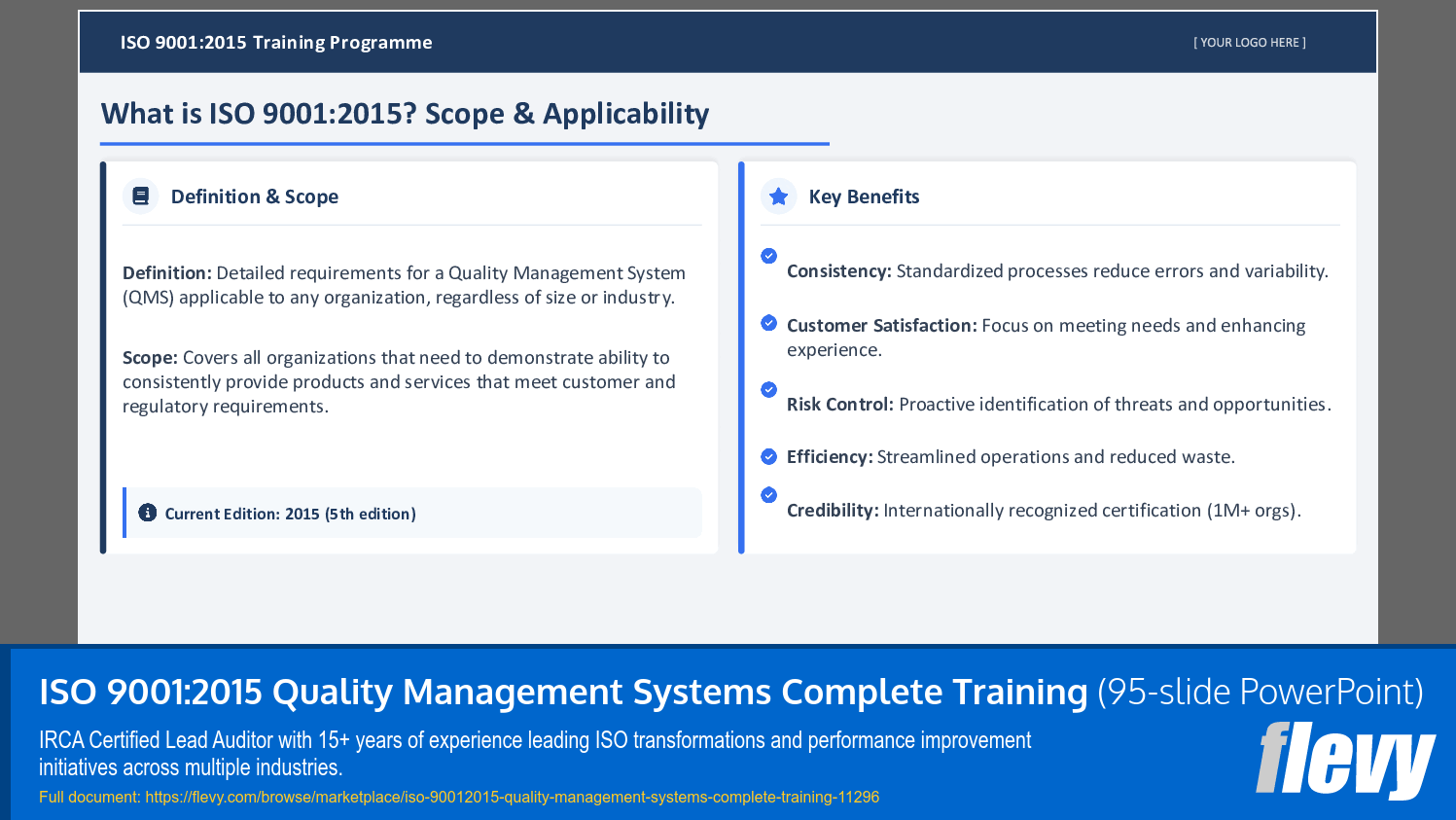 ISO 9001:2015 Quality Management Systems Complete Training (95-slide PPT PowerPoint presentation slide deck (PPTX)) Preview Image