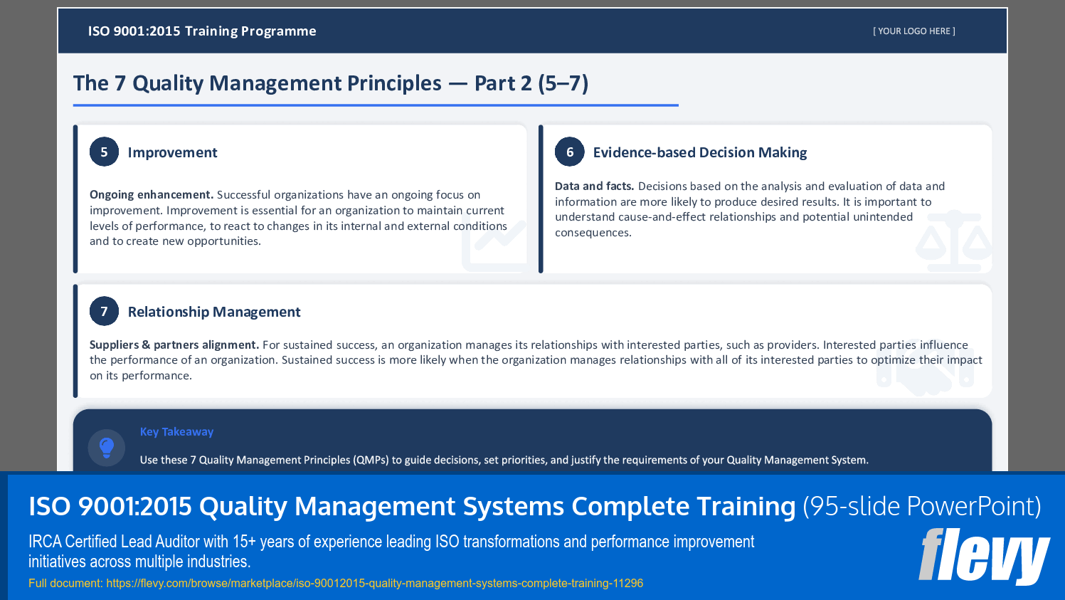ISO 9001:2015 Quality Management Systems Complete Training (95-slide PPT PowerPoint presentation slide deck (PPTX)) Preview Image