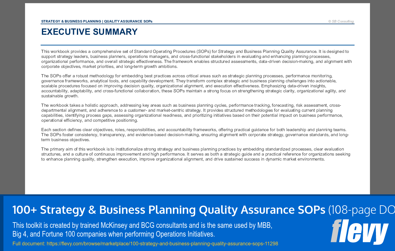 100+ Strategy & Business Planning Quality Assurance SOPs (108-page Word document) Preview Image