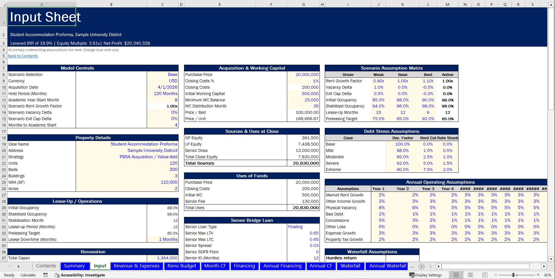 Real Estate - Student Accommodation Acquisition Pro-forma (Excel template (XLSX)) Preview Image