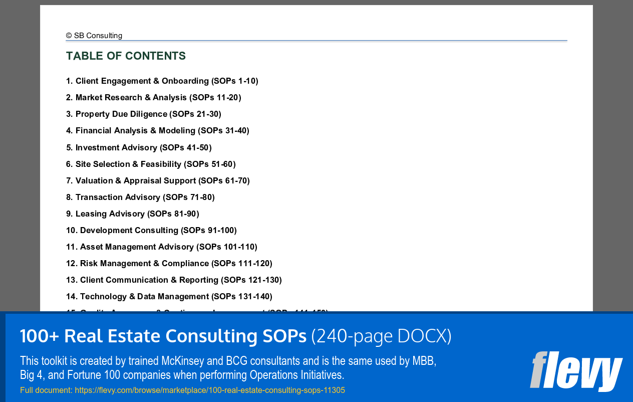 100+ Real Estate Consulting SOPs (240-page Word document) Preview Image