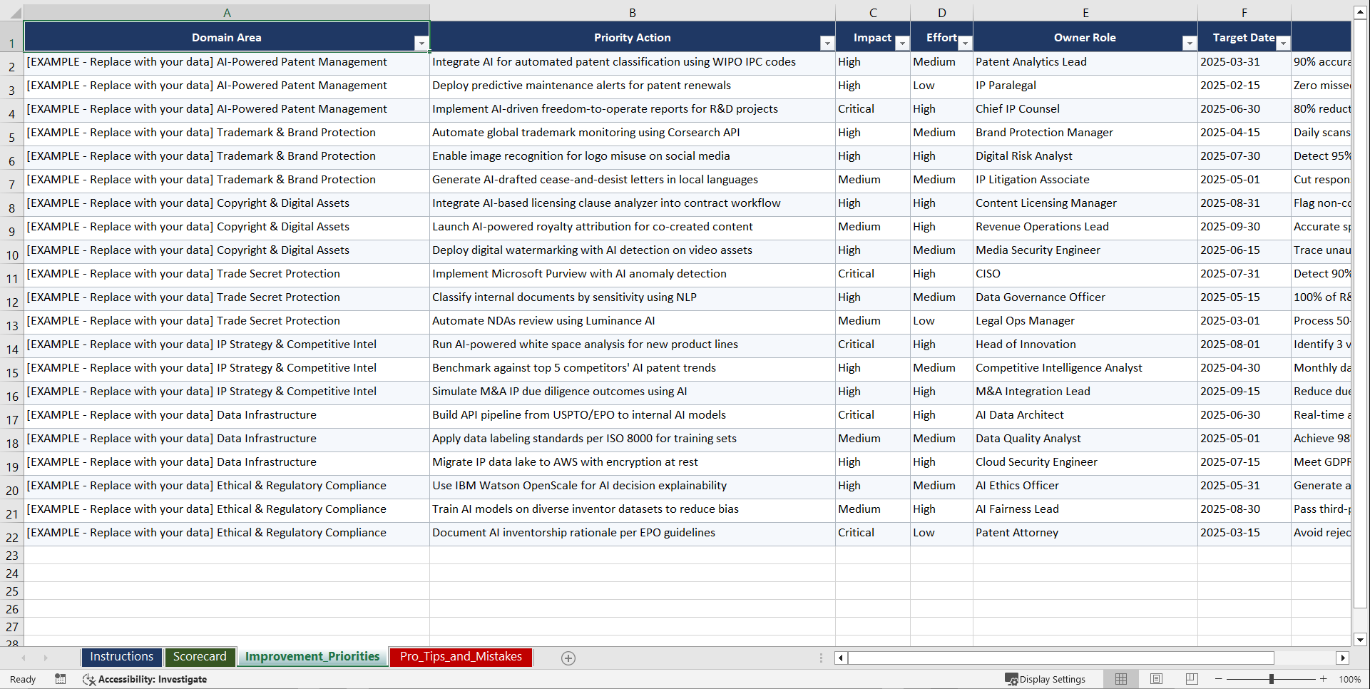 AI-Driven Intellectual Property Management Implementation Playbook (Excel template (XLSX)) Preview Image