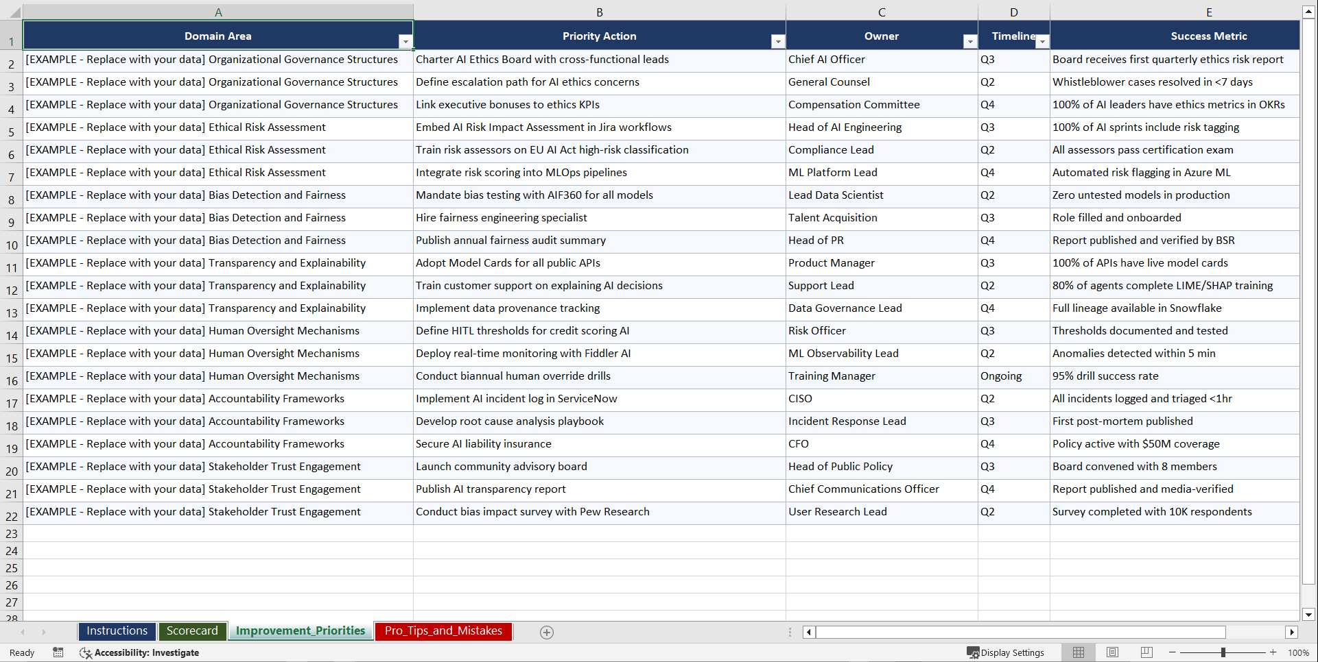 AI Ethics & Governance Implementation Playbook (Excel template (XLSX)) Preview Image