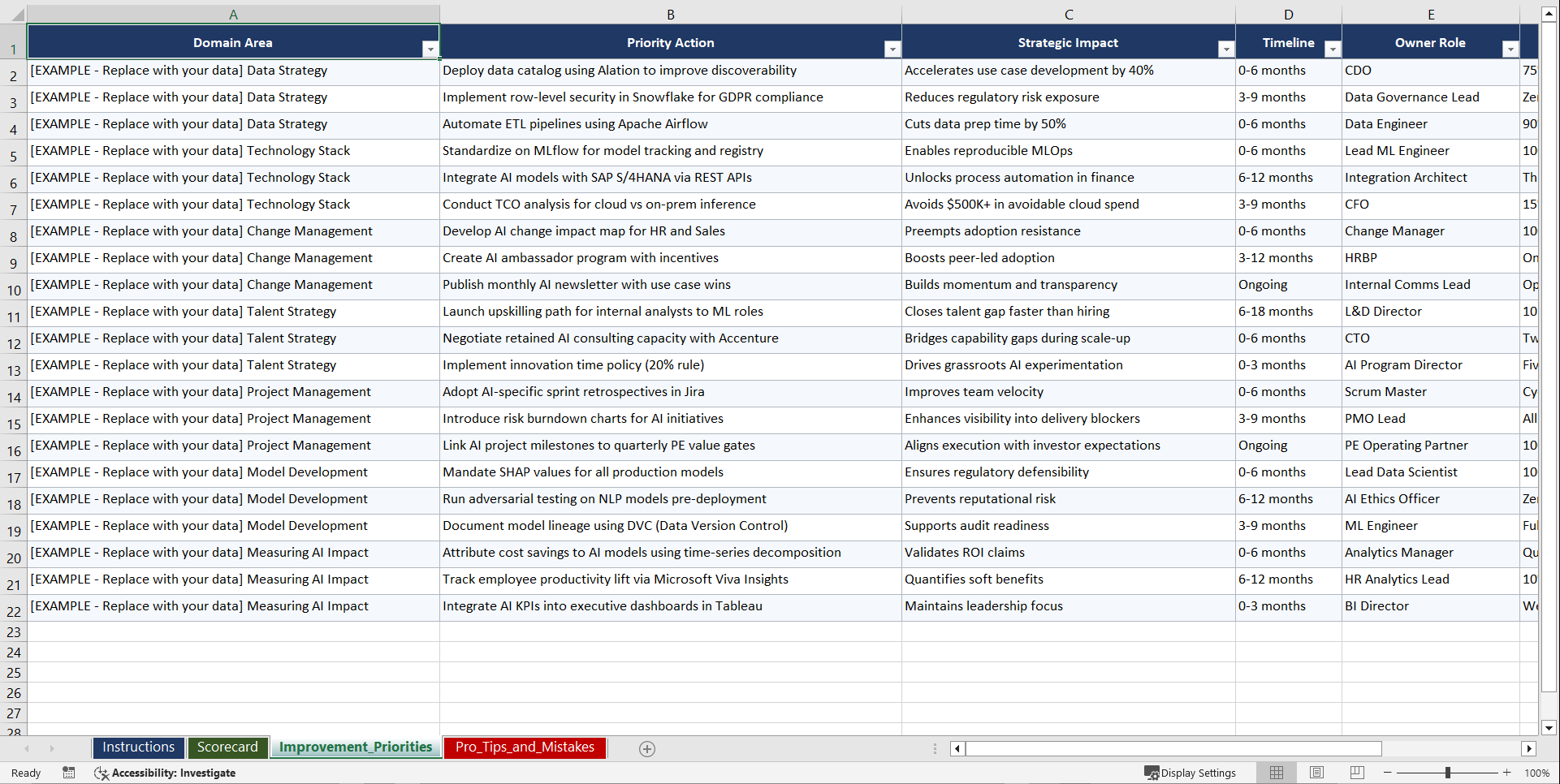 AI Roadmap Implementation Playbook for Mid-Market (Excel template (XLSX)) Preview Image