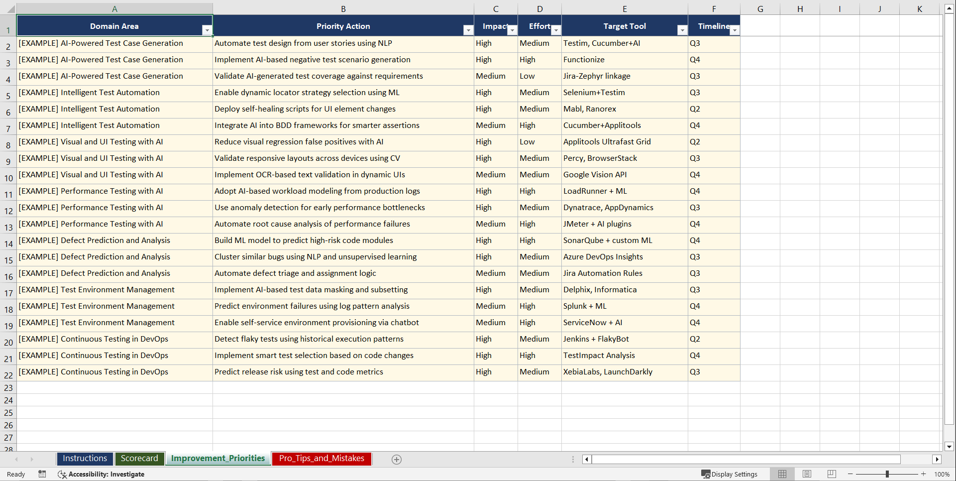 AI for Testing and QA Playbook (Excel template (XLSX)) Preview Image