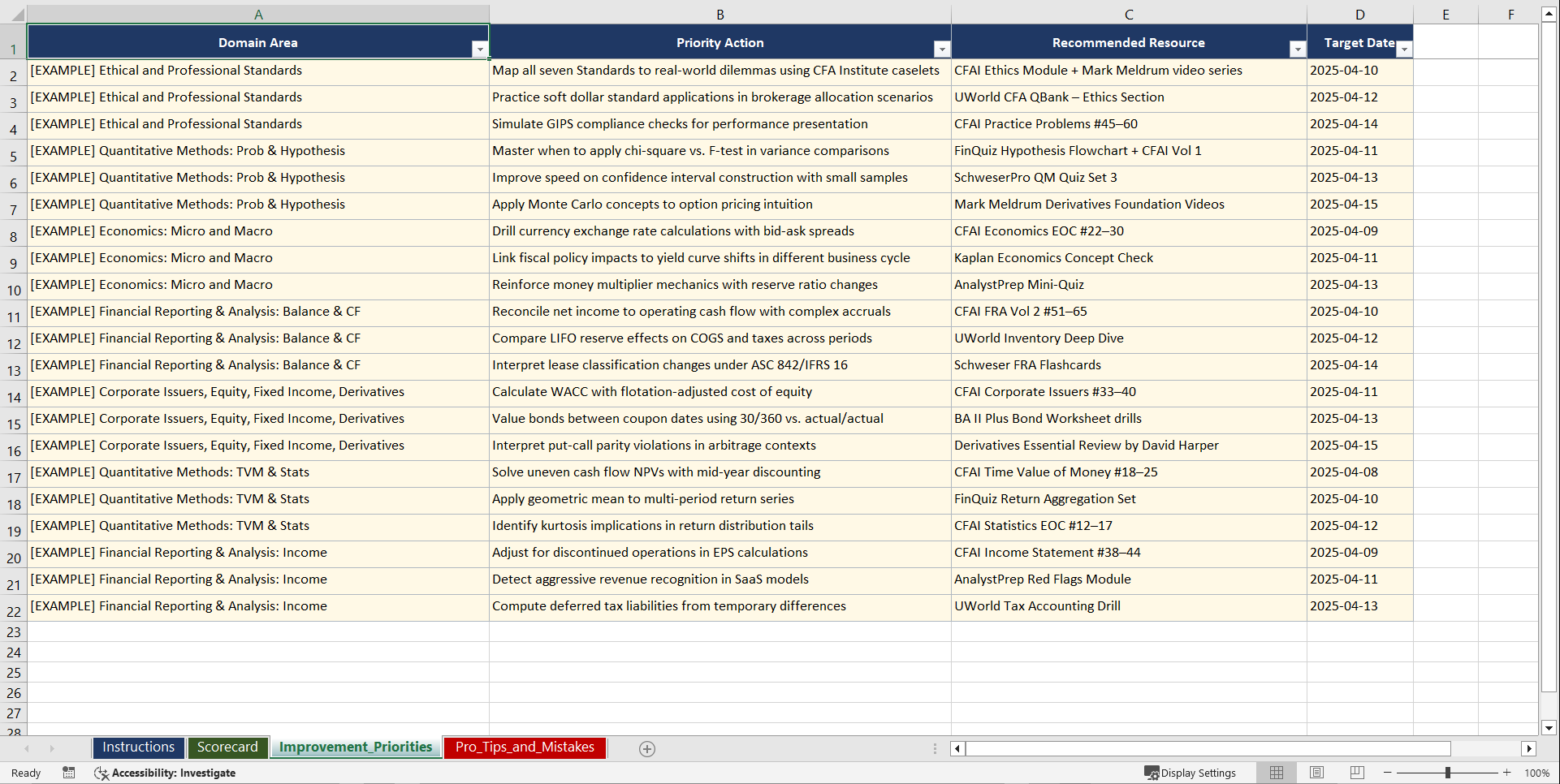 Chartered Financial Analyst Level I Prep Playbook (Excel template (XLSX)) Preview Image