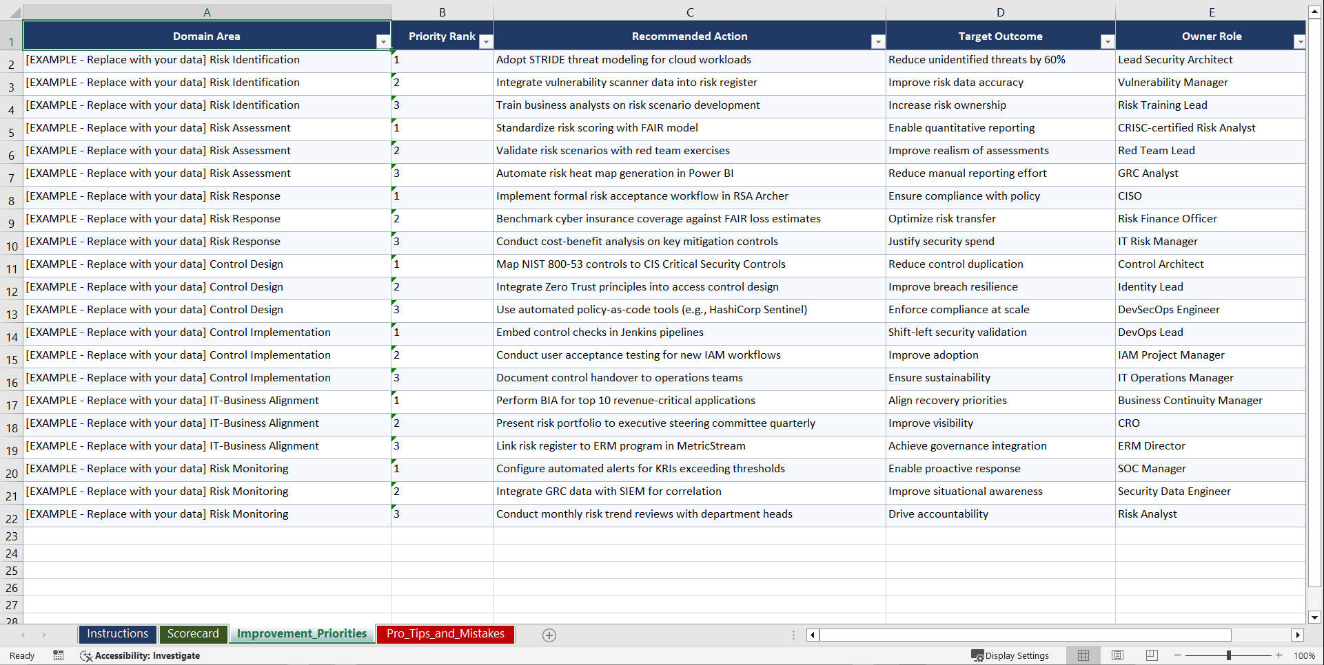 CRISC Risk and Information Systems Control Prep Playbook (Excel template (XLSX)) Preview Image