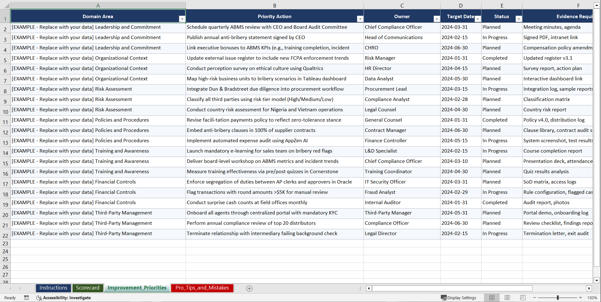 ISO 37001 Anti-Bribery Management Playbook (Excel template (XLSX)) Preview Image