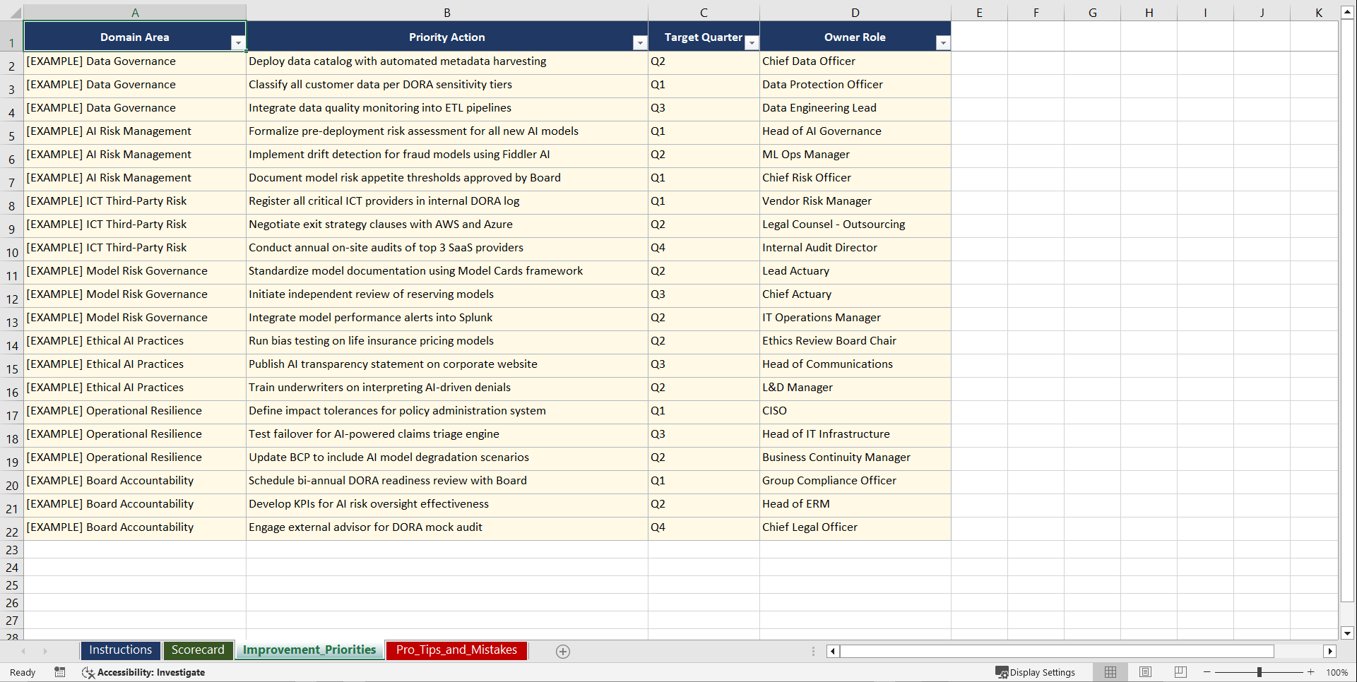 DORA Data Governance & AI Risk Management Playbook (Excel template (XLSX)) Preview Image