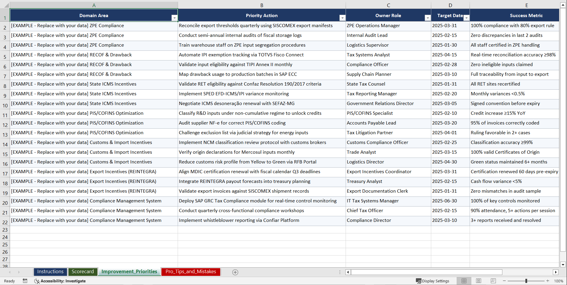 Brazilian Industrial & Tax Incentive Compliance Playbook (Excel template (XLSX)) Preview Image